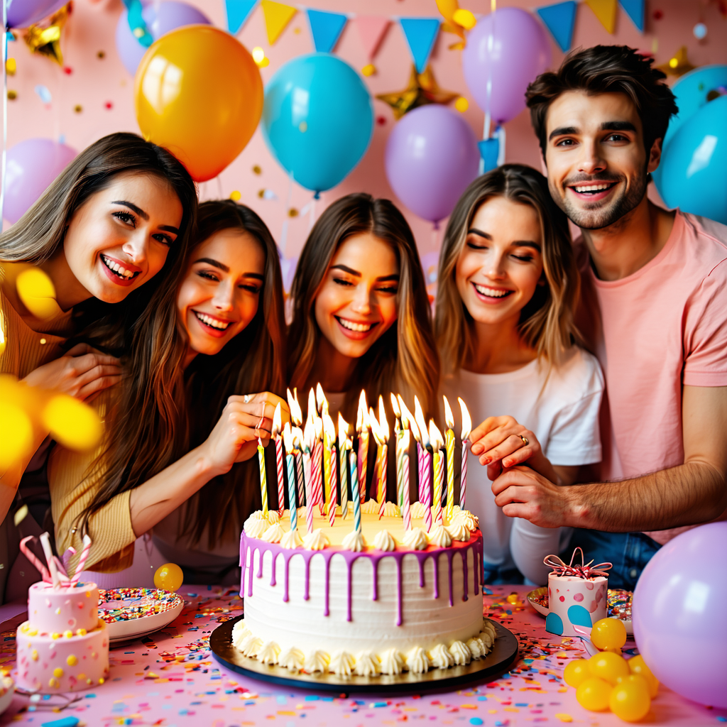 Un groupe d'amis célébrant une fête d'anniversaire avec décoration colorée et un grand gâteau d'anniversaire.