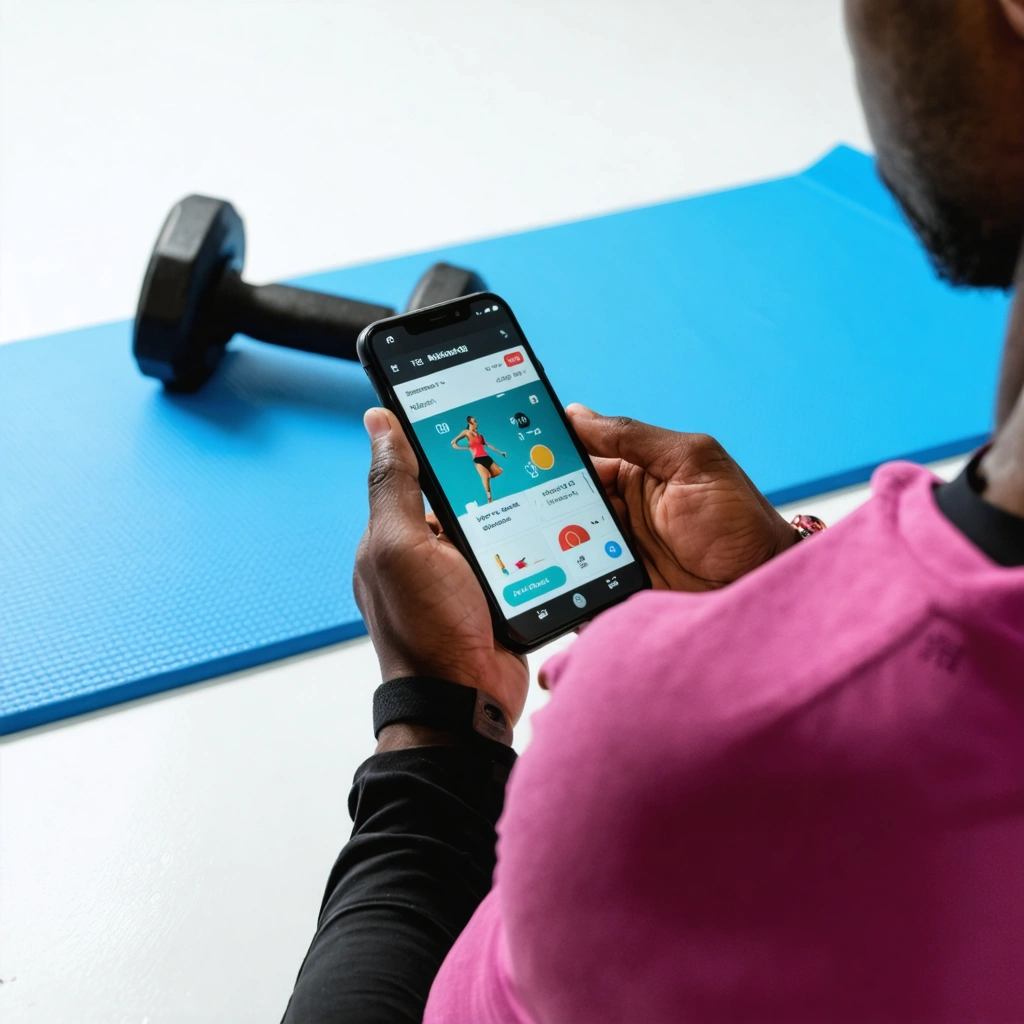 Interface de l'application Physiotutors affichée sur un smartphone avec un tapis d'entraînement et des haltères en arrière-plan.