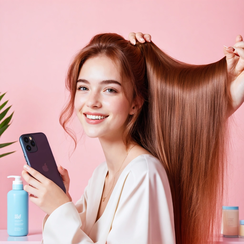 Une jeune femme utilisant une application capillaire sur son smartphone avec des produits de soins autour.