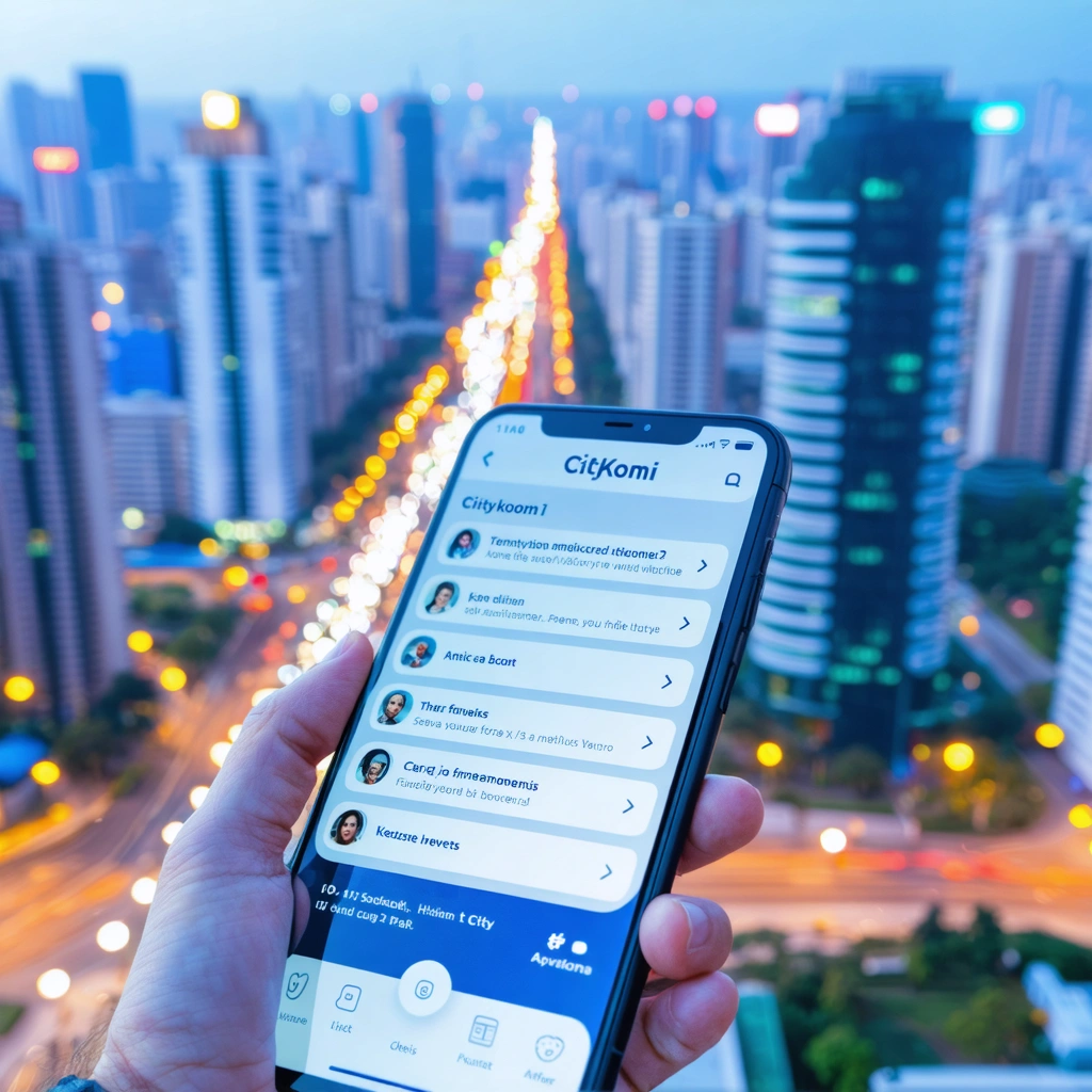 Illustration de l'application Citykomi affichée sur un smartphone avec une ville en arrière-plan