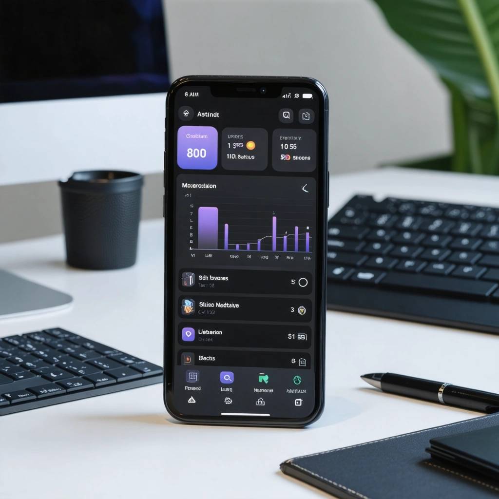 Un smartphone affichant une application intuitive dans un espace de travail organisé et stylé.