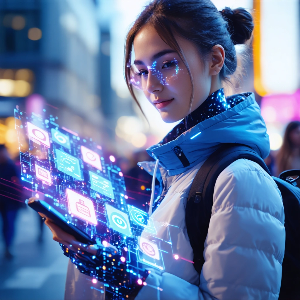 Une jeune femme utilise une application mobile futuriste pour gérer ses tâches quotidiennes efficacement.