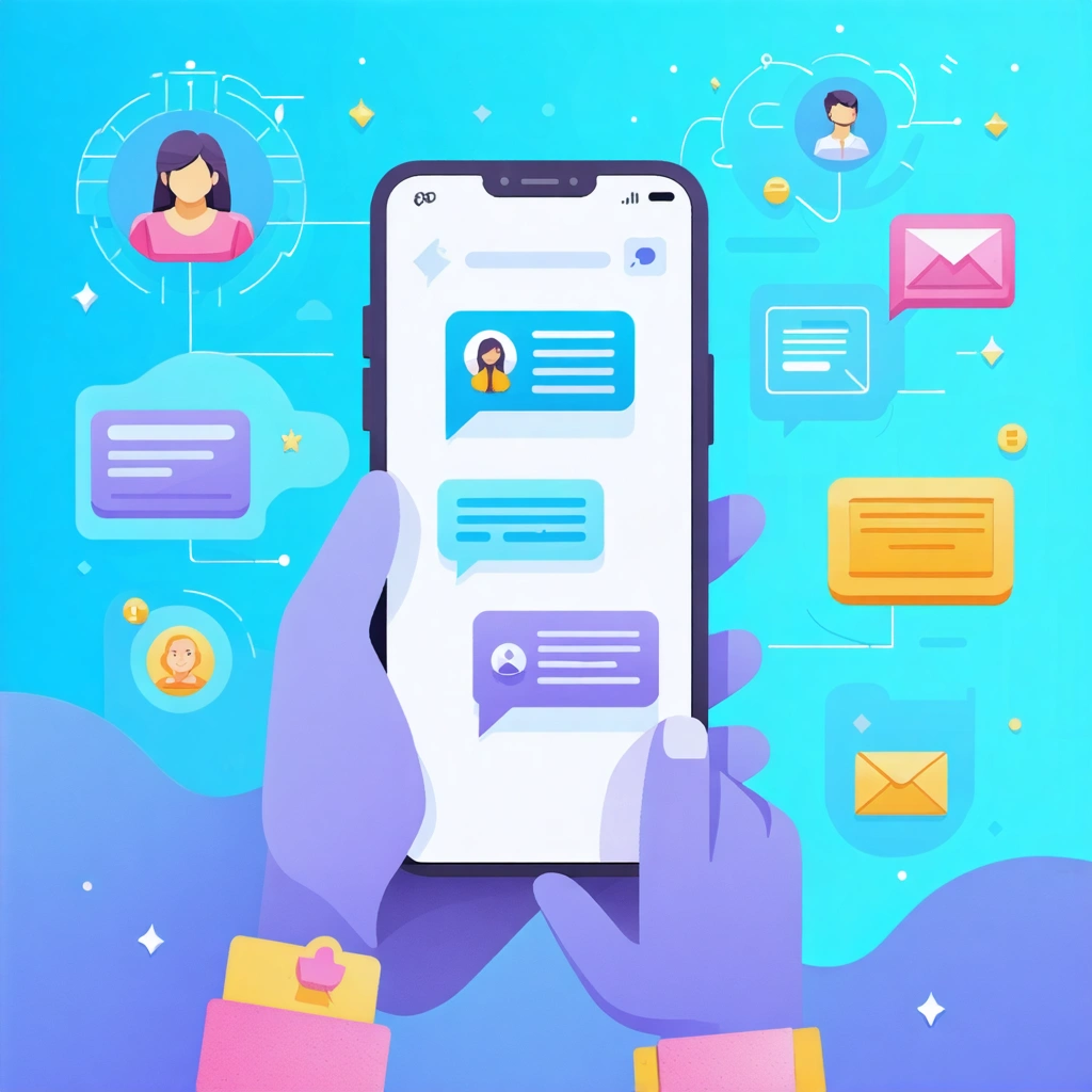 Illustration d'une application moderne de communication interne sur smartphone avec fonctionnalités variées.
