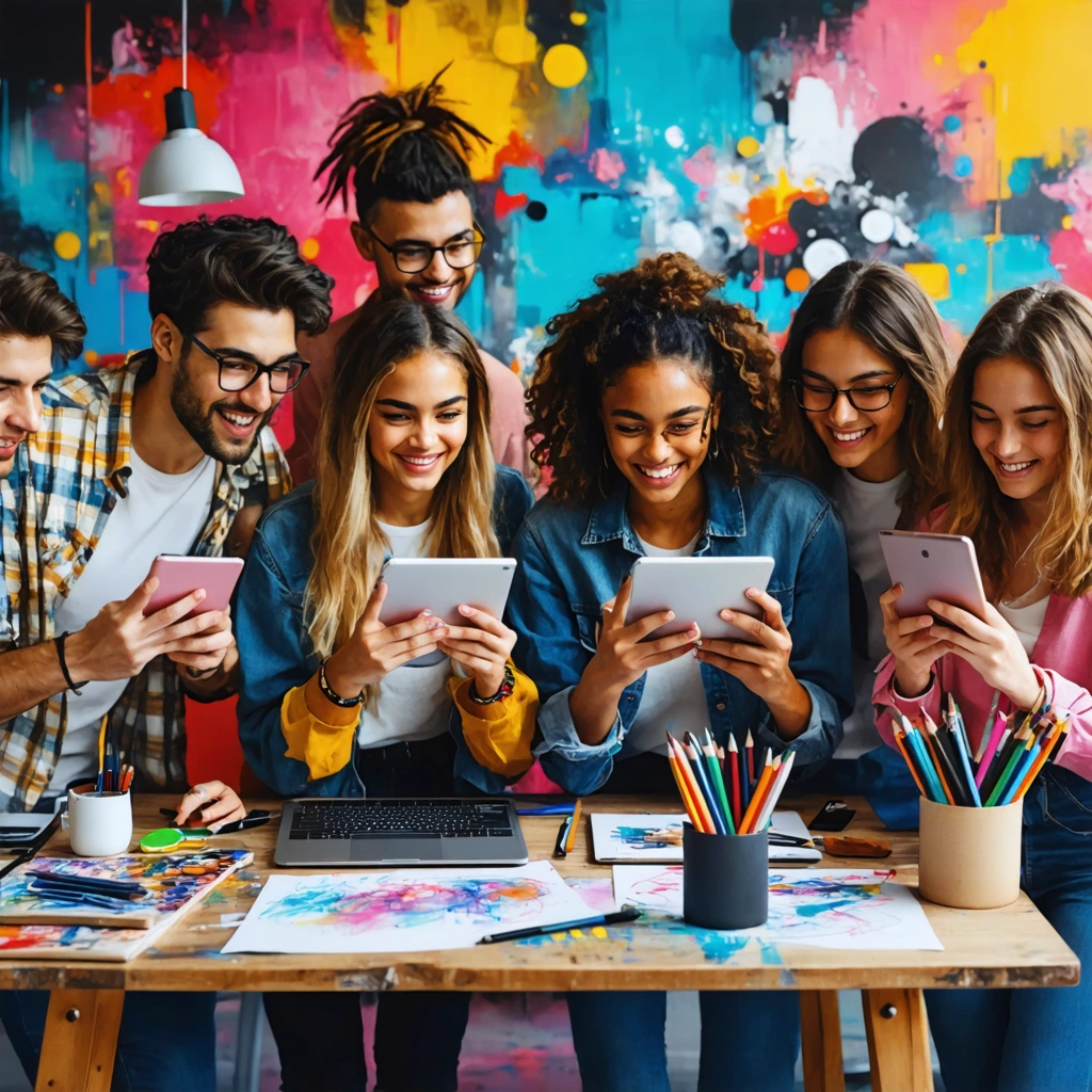 Des artistes diversifiés utilisant des applications numériques dans un espace de co-working moderne.