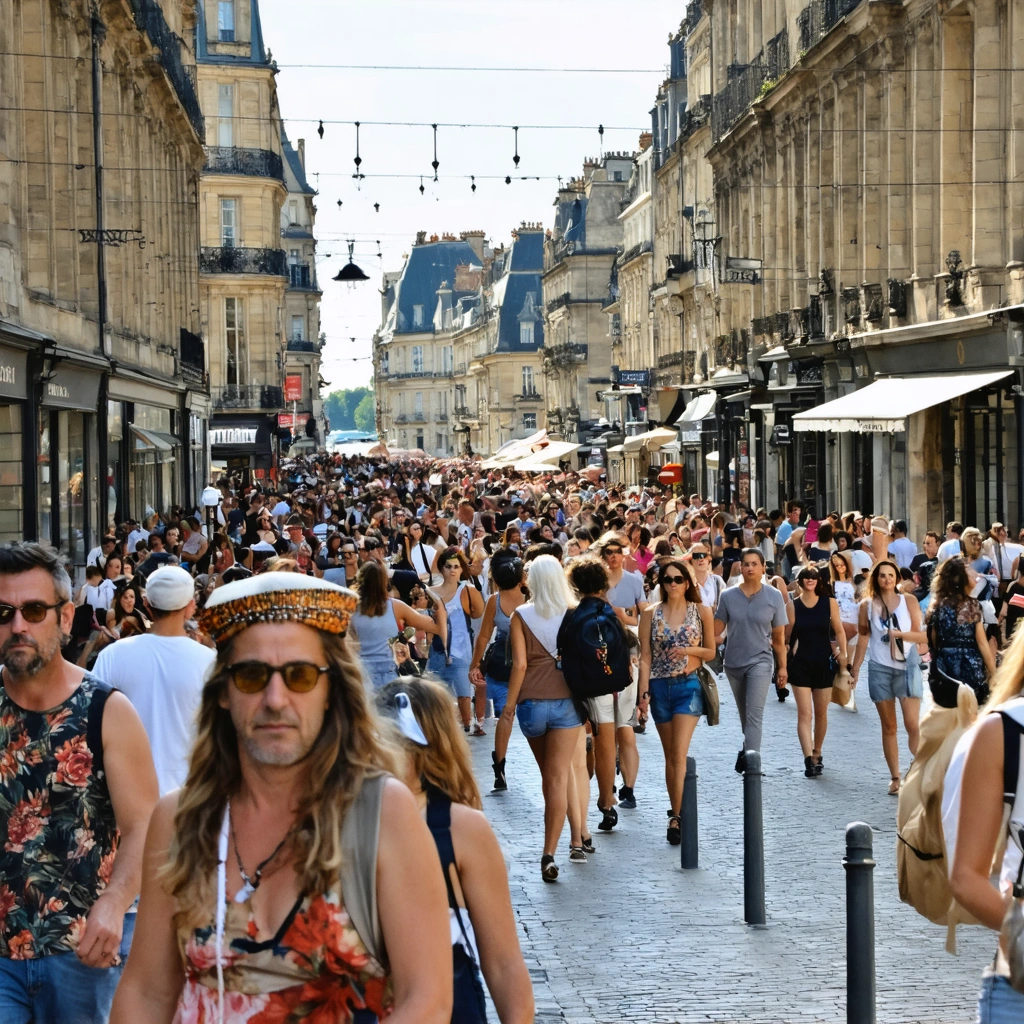 Une rue animée à Bordeaux avec des personnes participant à diverses activités culturelles, atmosphère vivante et dynamique.