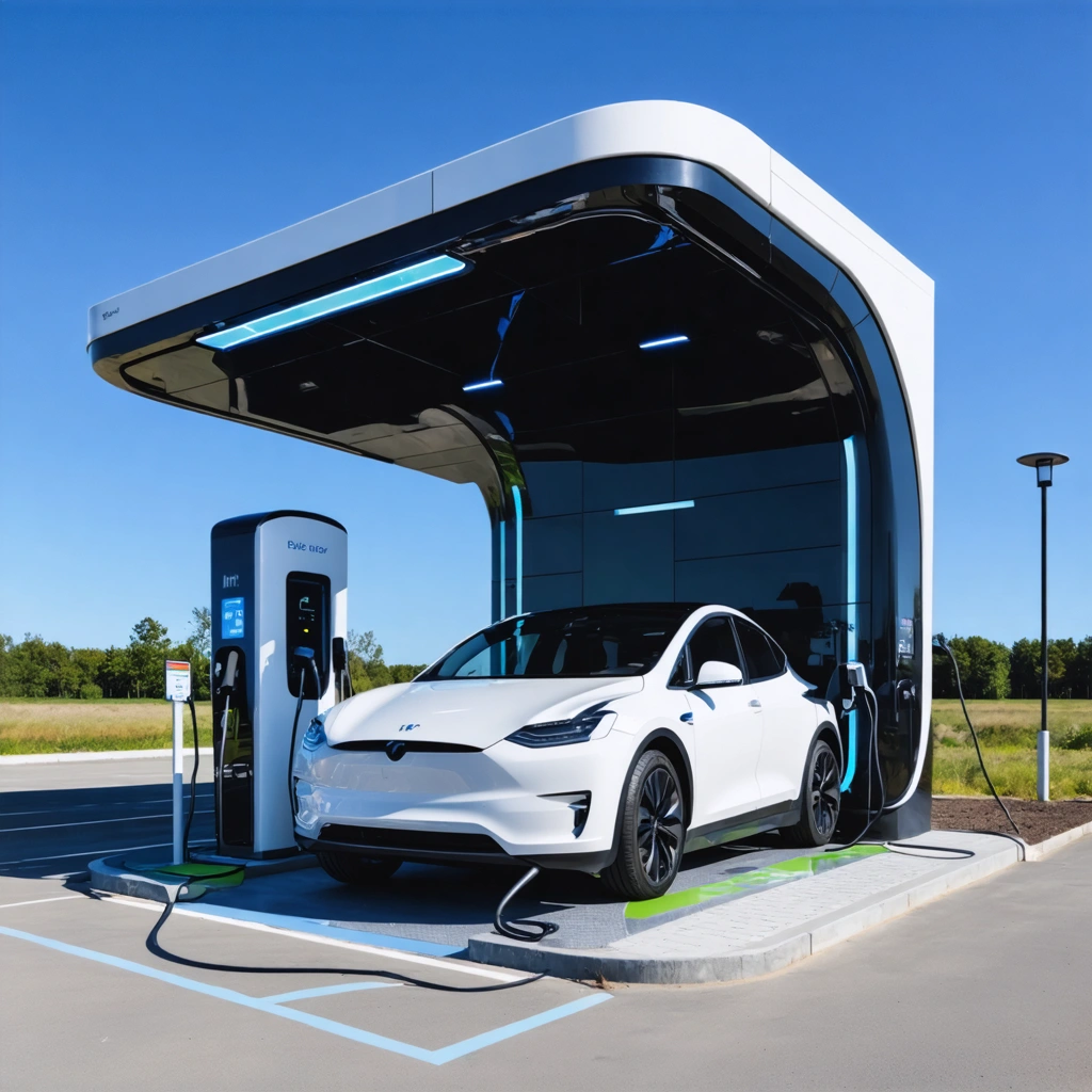 Station de charge pour voiture électrique sous un ciel bleu clair, symbolisant l'alliance de la nature et de la technologie.