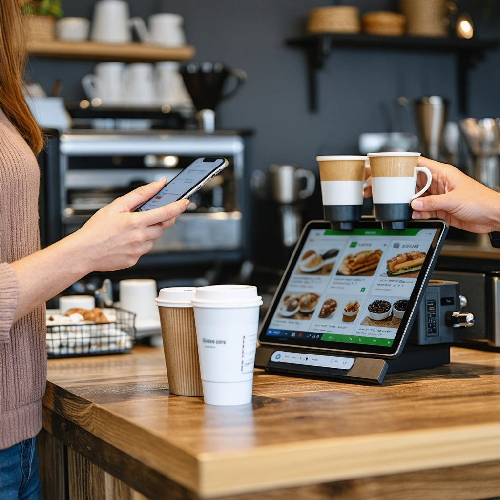 Caisse enregistreuse moderne dans un café convivial.