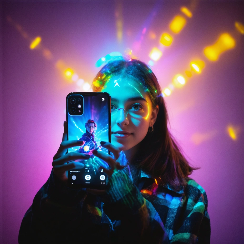 Camille utilisant l'application Black Magic sur son smartphone avec des effets lumineux magiques