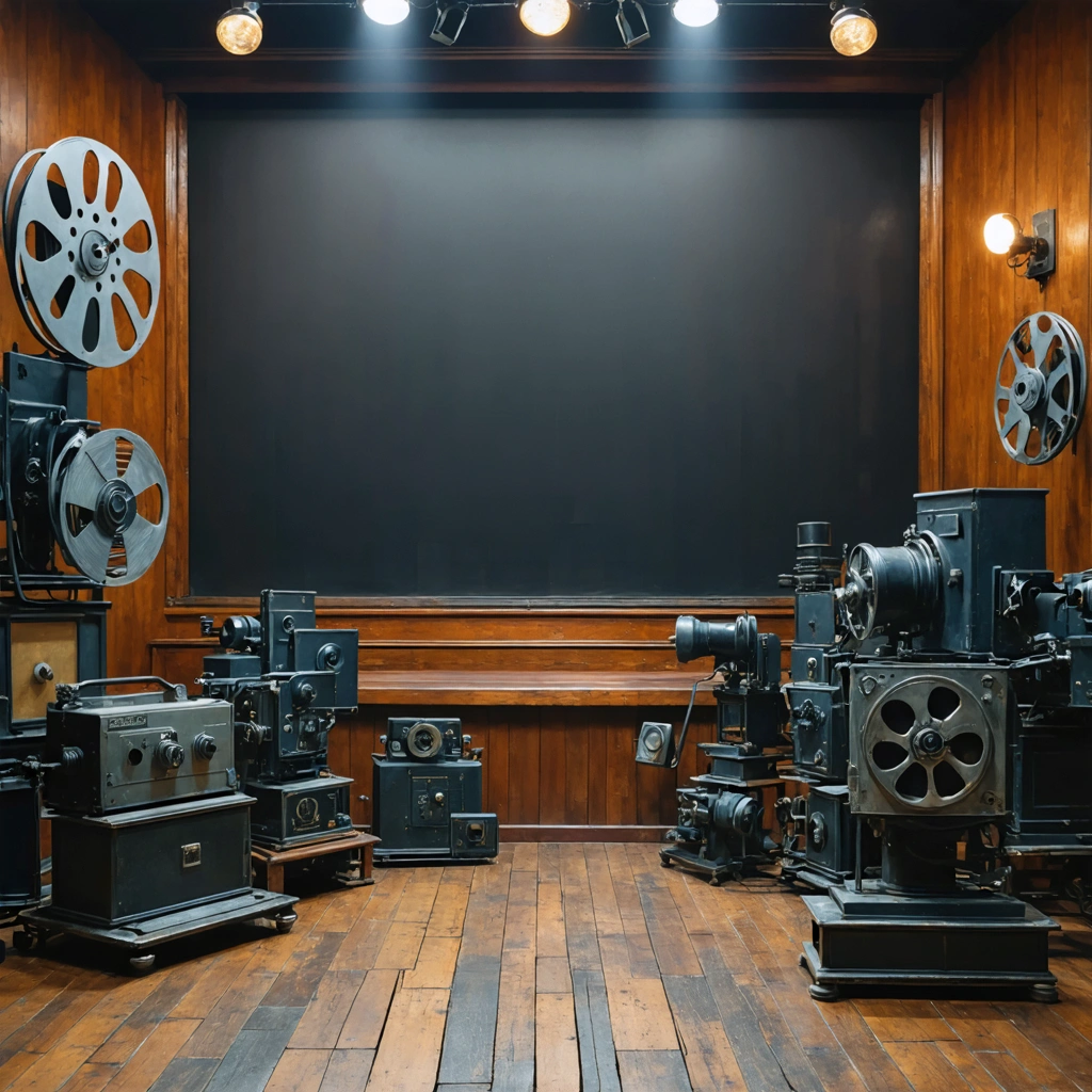 Écran de cinéma vintage avec bobines de film et projecteurs anciens
