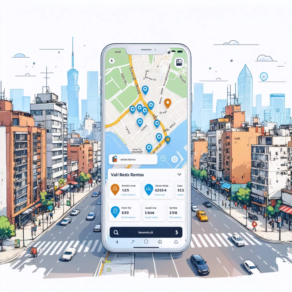 Illustration montrant une application de location de voiture sur fond de paysage urbain animé