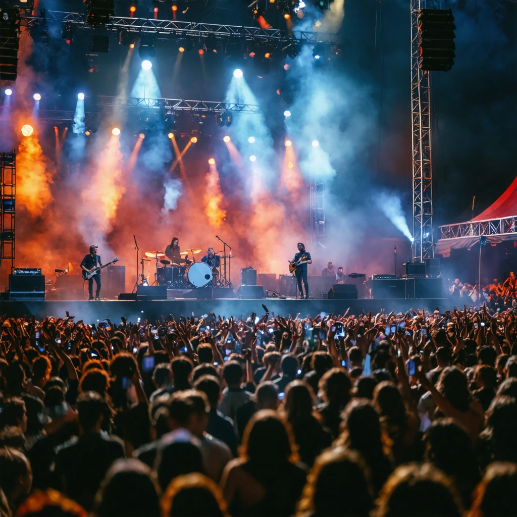 Scène de concert vivante avec une foule nombreuse et un groupe rock sur scène.