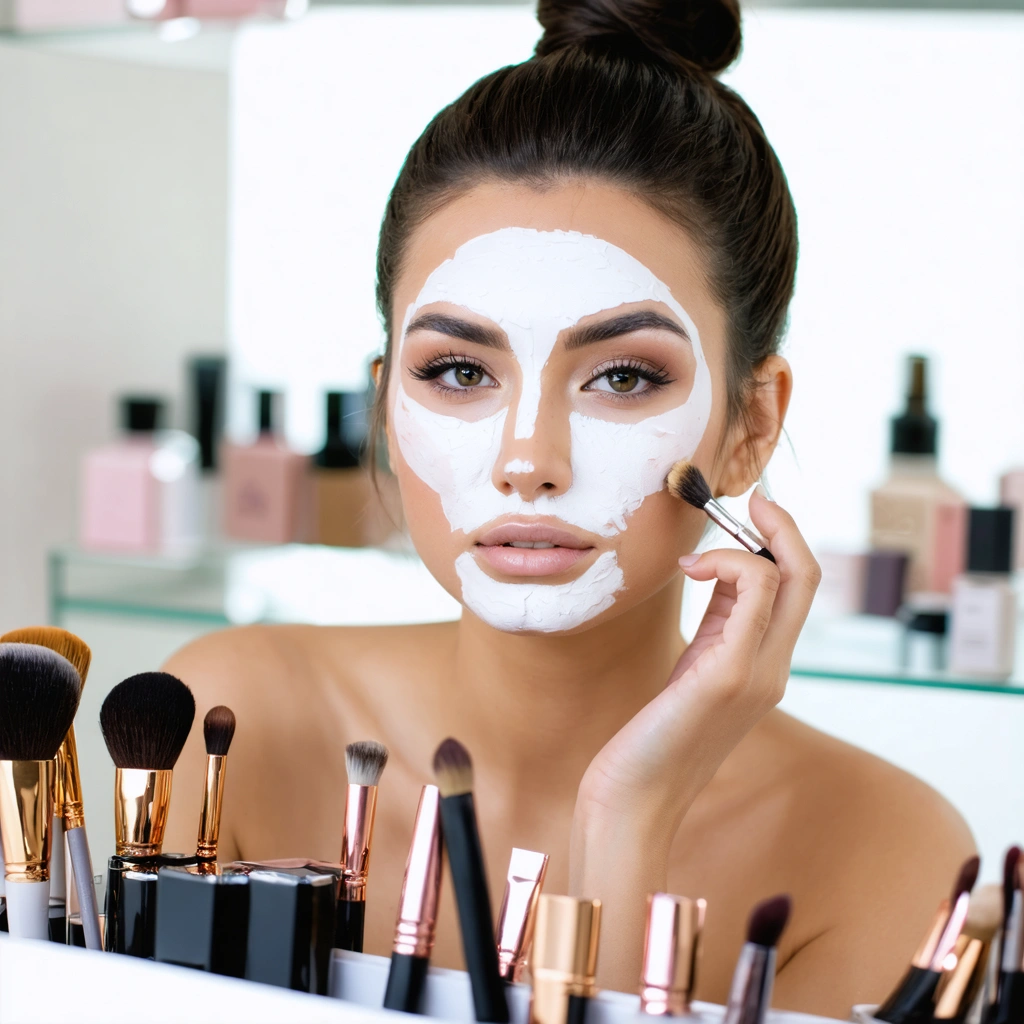 Une personne appliquant du maquillage contouring sur son visage, entourée de produits de beauté.