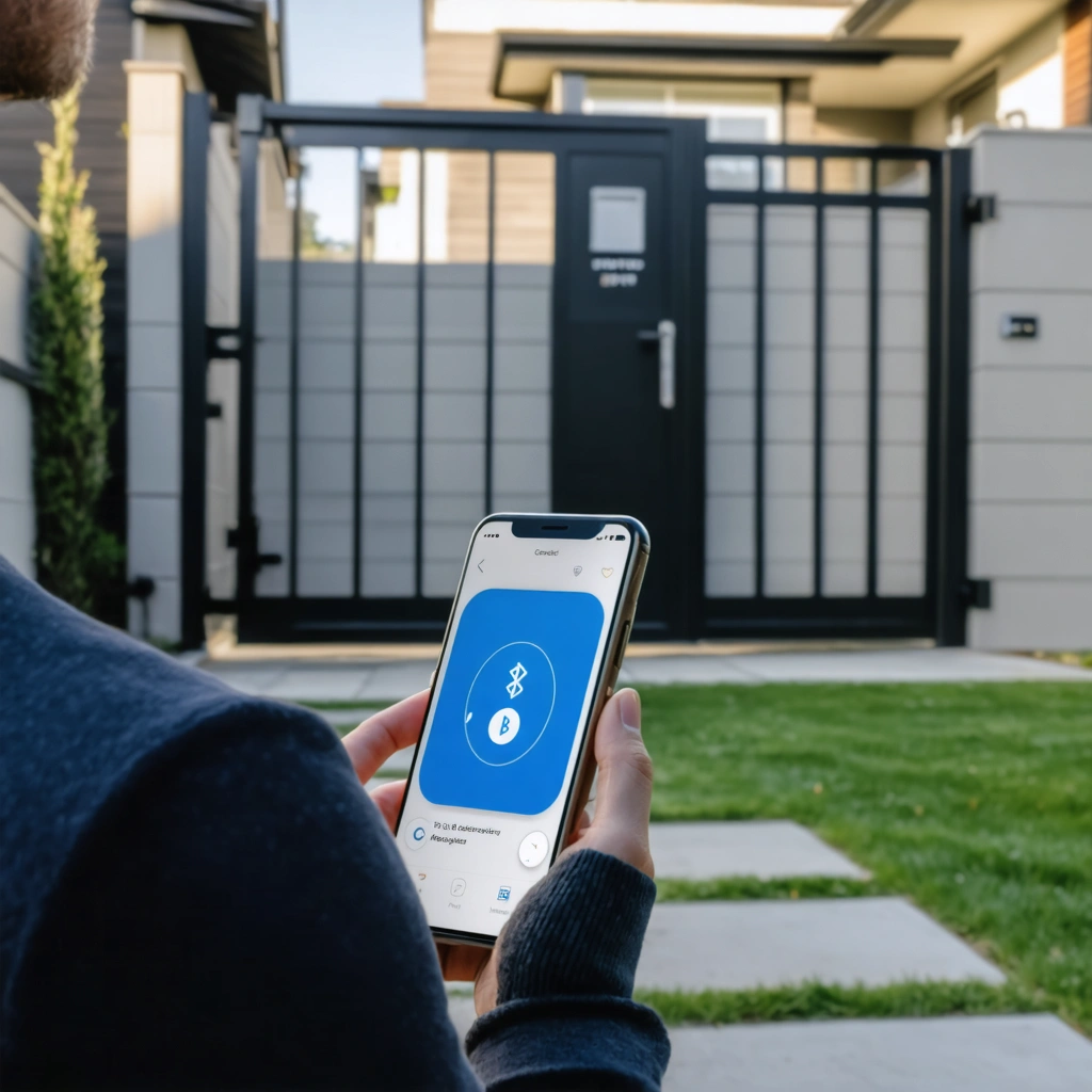 Personne utilisant un smartphone pour contrôler un portail d'accès avec l'application 1Control