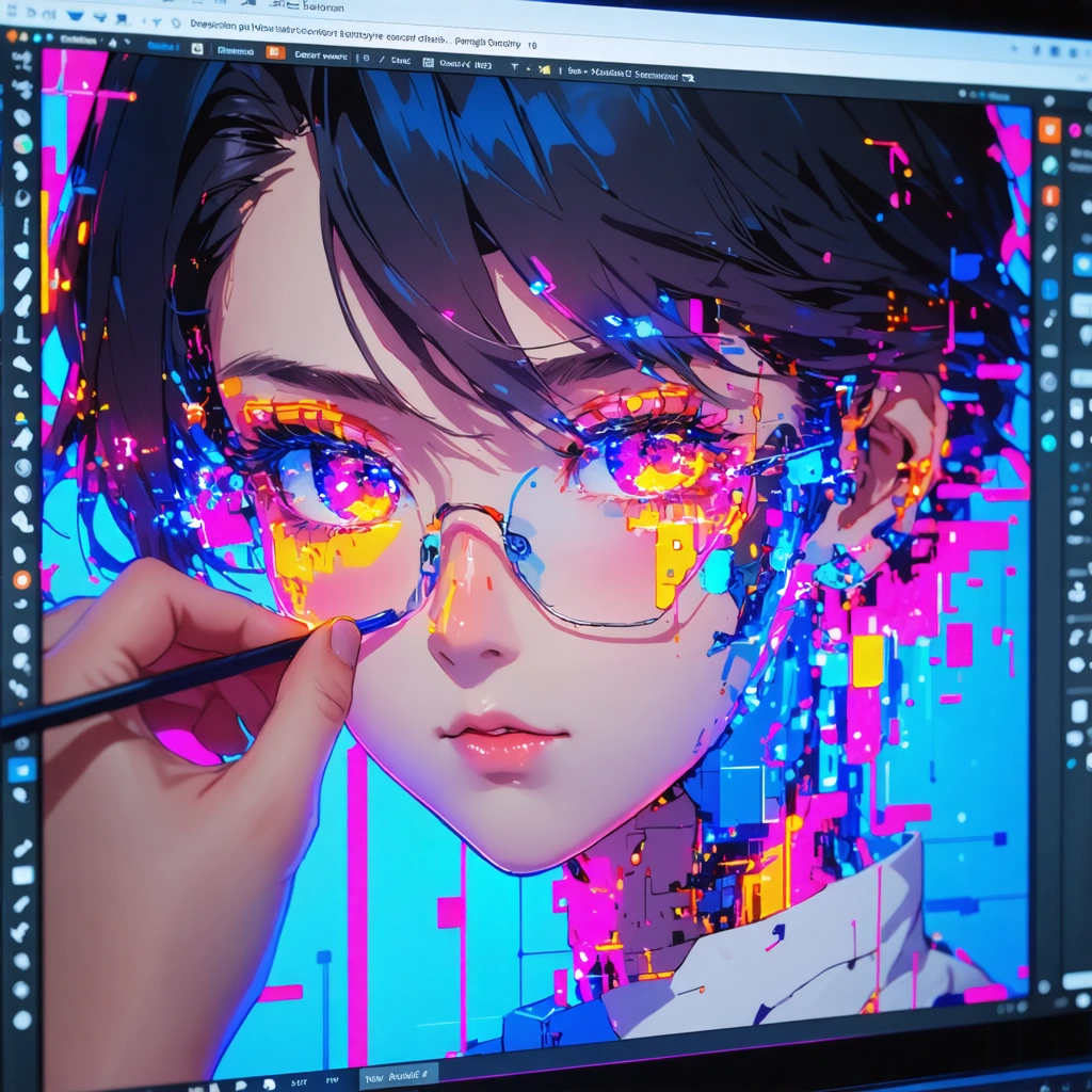 Illustration d'un personnage anime créé avec des outils IA sur un écran numérique.