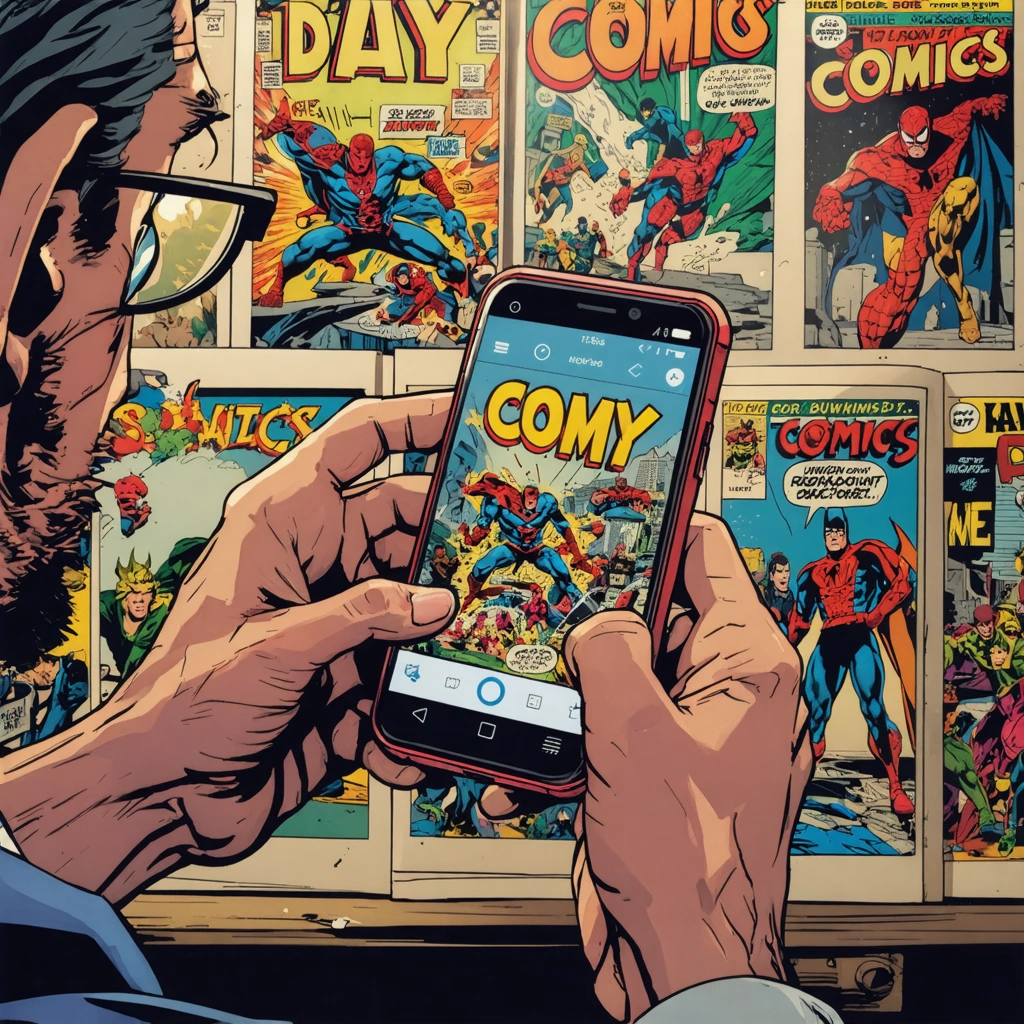 Une personne lisant des bandes dessinées sur l'application Daycomics sur un smartphone, entourée d'art et de personnages de bande dessinée.