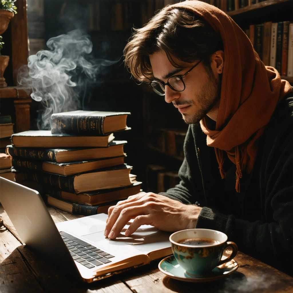 Personne en train d'écrire un roman sur un laptop entourée de livres et d'une tasse de café fumant