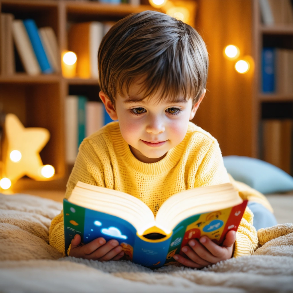 Un enfant tenant un Bookinou coloré écoutant une histoire