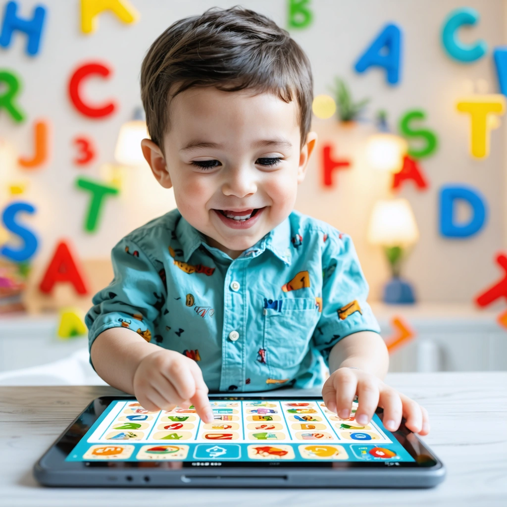 Un enfant joyeusement absorbé par un jeu éducatif sur tablette, entouré de lettres et chiffres colorés.