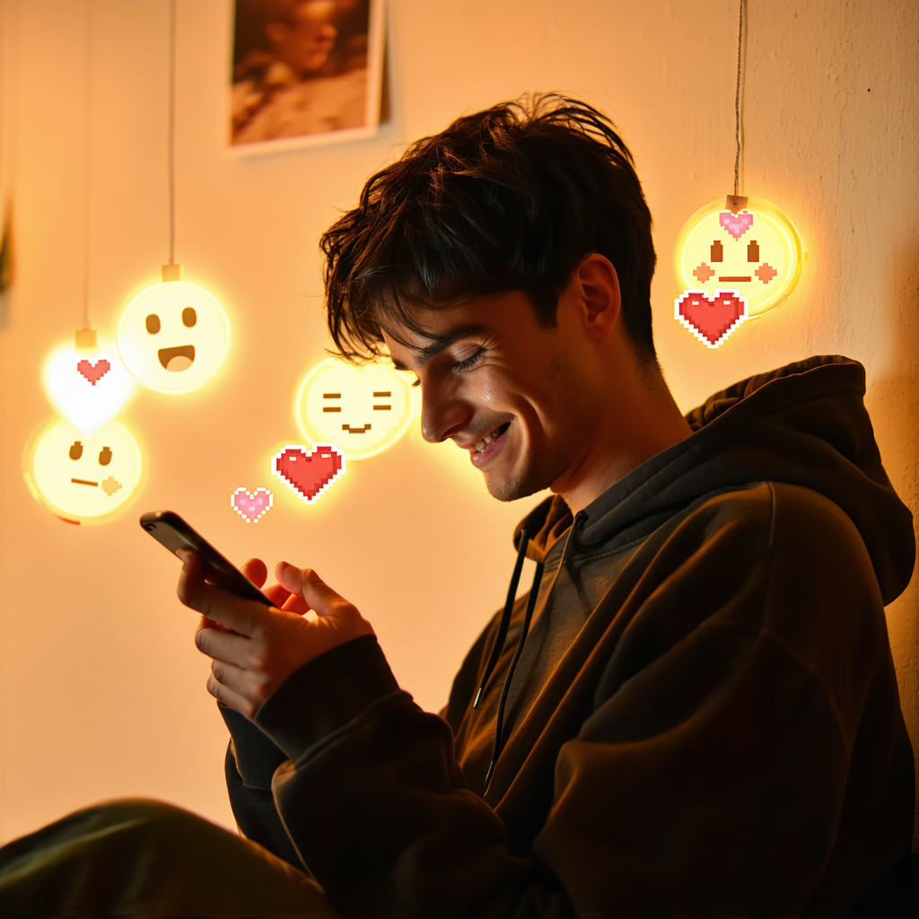 Une personne envoyant un SMS avec des émojis cœur autour du téléphone