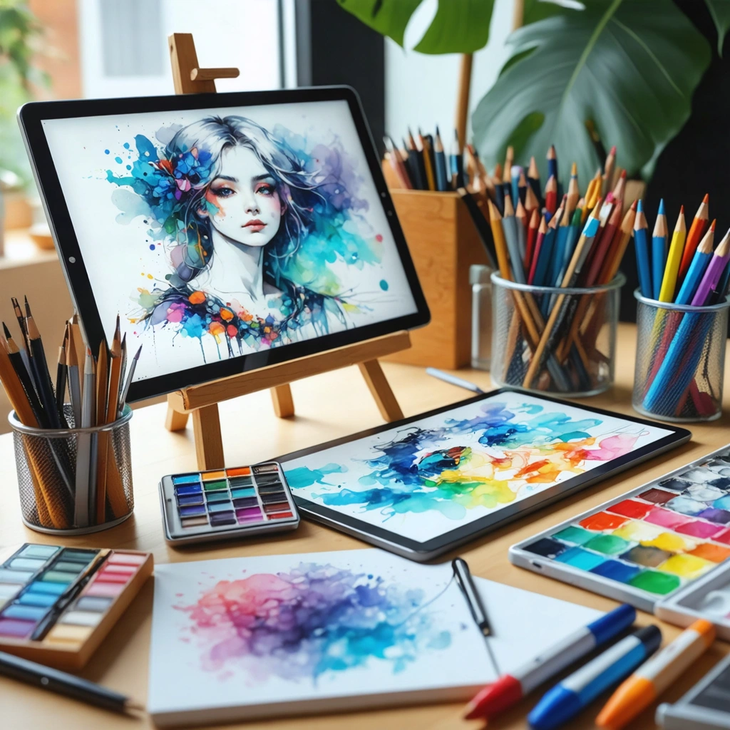 Un espace de travail d'artiste avec des tablettes numériques et des marqueurs colorés au milieu de croquis créatifs.