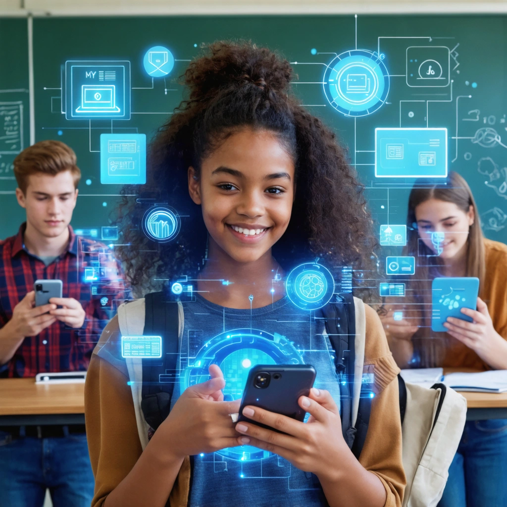 Étudiants utilisant l'application My ECF sur tablettes et smartphones dans une salle de classe moderne.