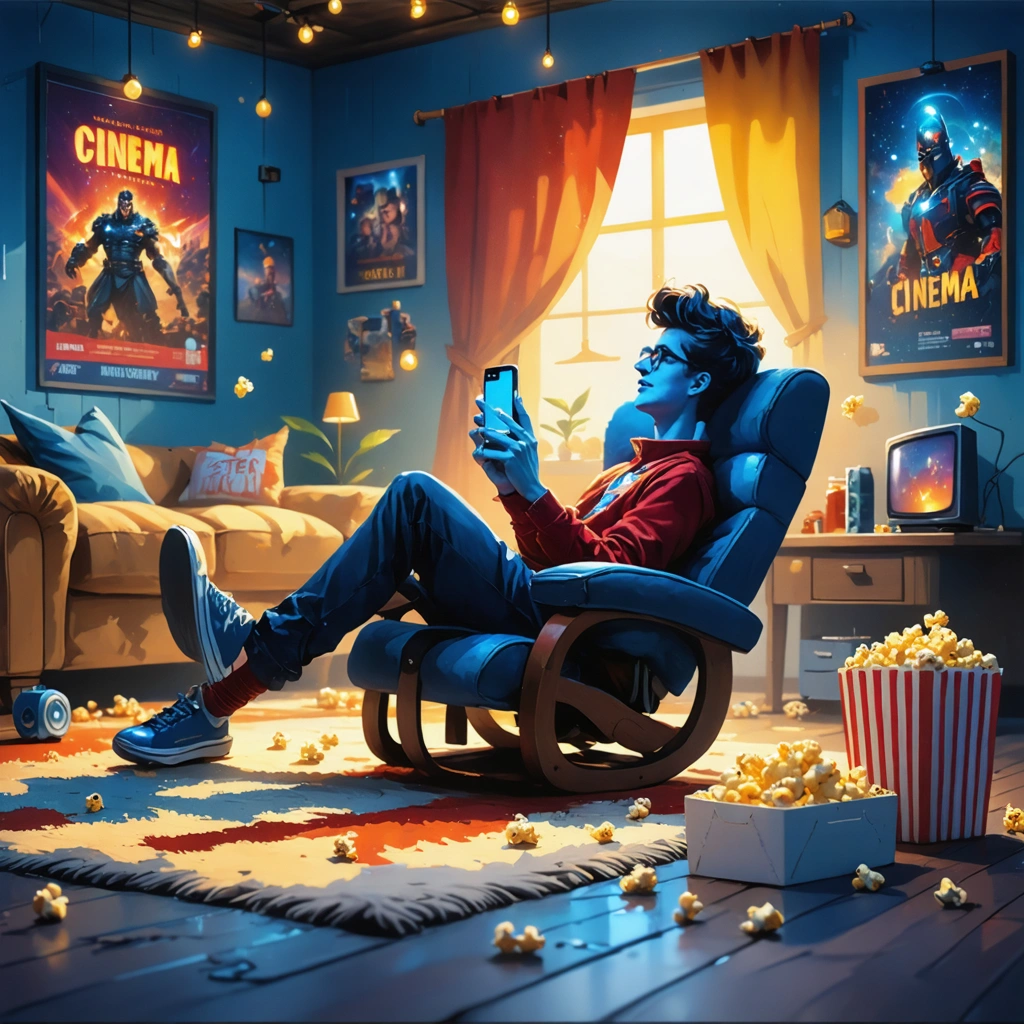 Une personne utilisant une application de cinéma, entourée d'accessoires cinématographiques.