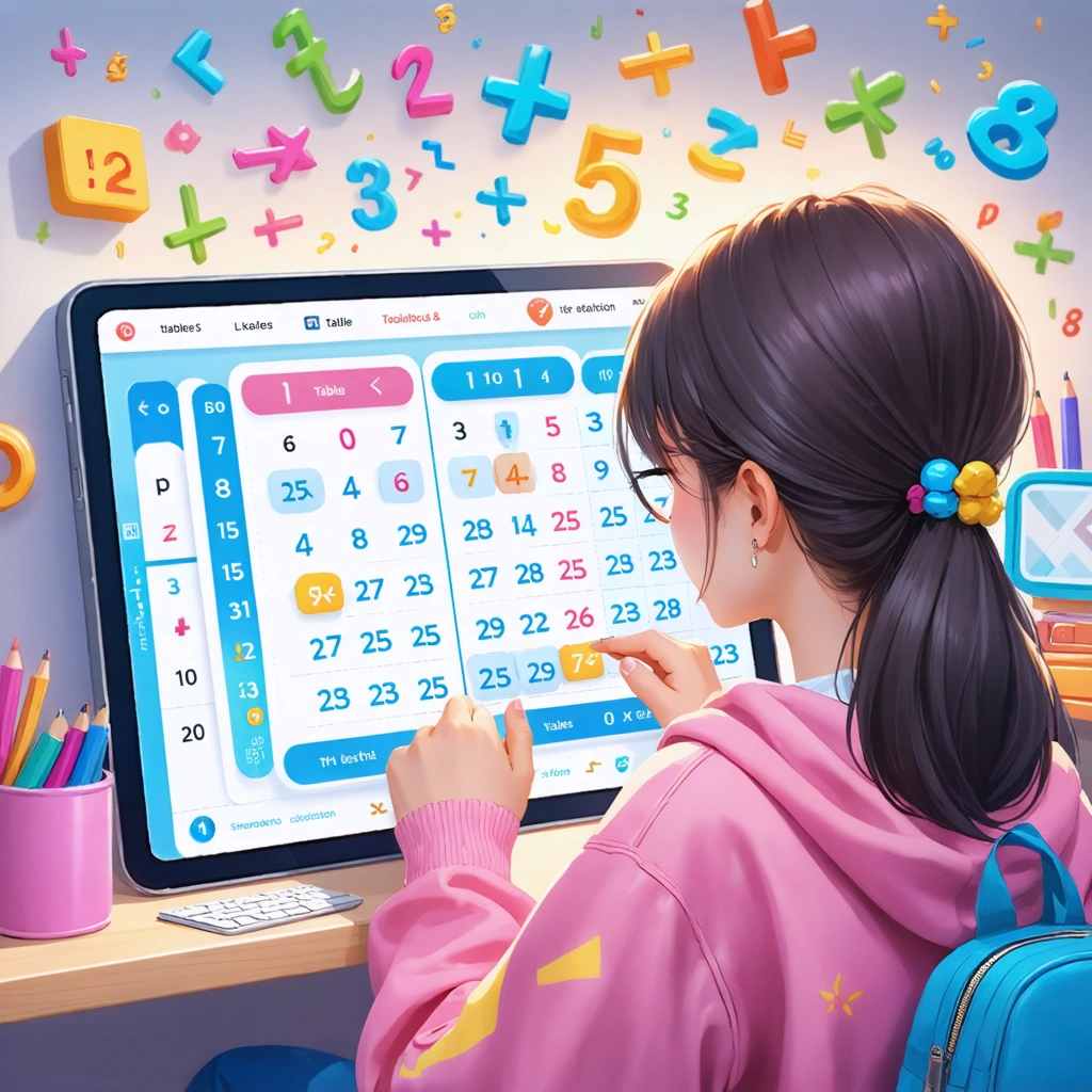 Une jeune femme utilisant une application mobile pour l'apprentissage des tables de multiplication, entourée de symboles mathématiques vifs et de gadgets modernes.