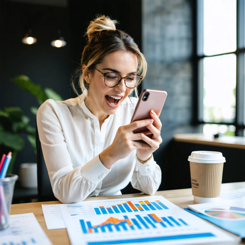 Une femme enthousiaste regardant une application de suivi des ventes sur un smartphone dans un bureau élégant