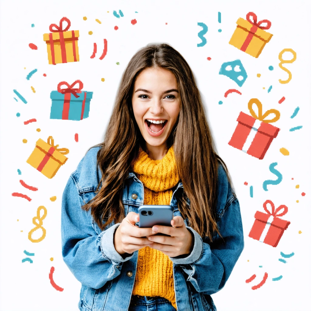Jeune femme enthousiaste regardant un smartphone avec des icônes de récompenses colorées flottant autour d'elle.