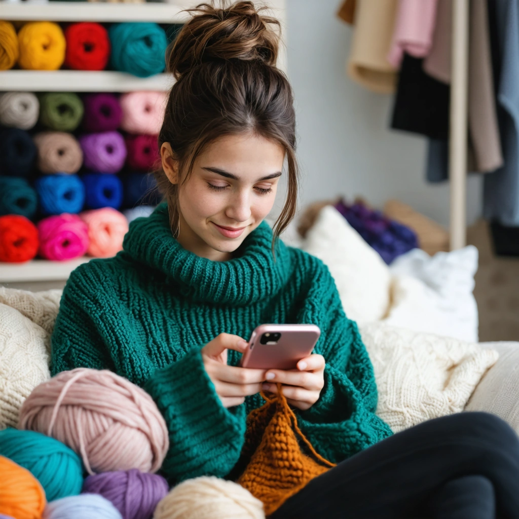 Une jeune femme utilisant Knit sur smartphone entourée de fils colorés.
