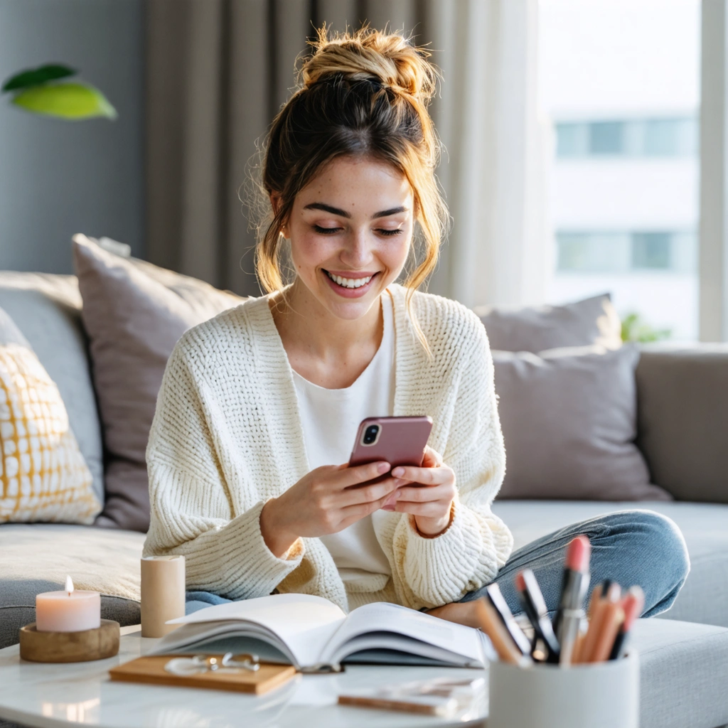Femme heureuse utilisant l'application Blinki dans un salon moderne et confortable