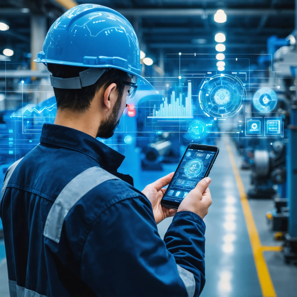 Personne utilisant l'application mobile Forindustrie dans une usine