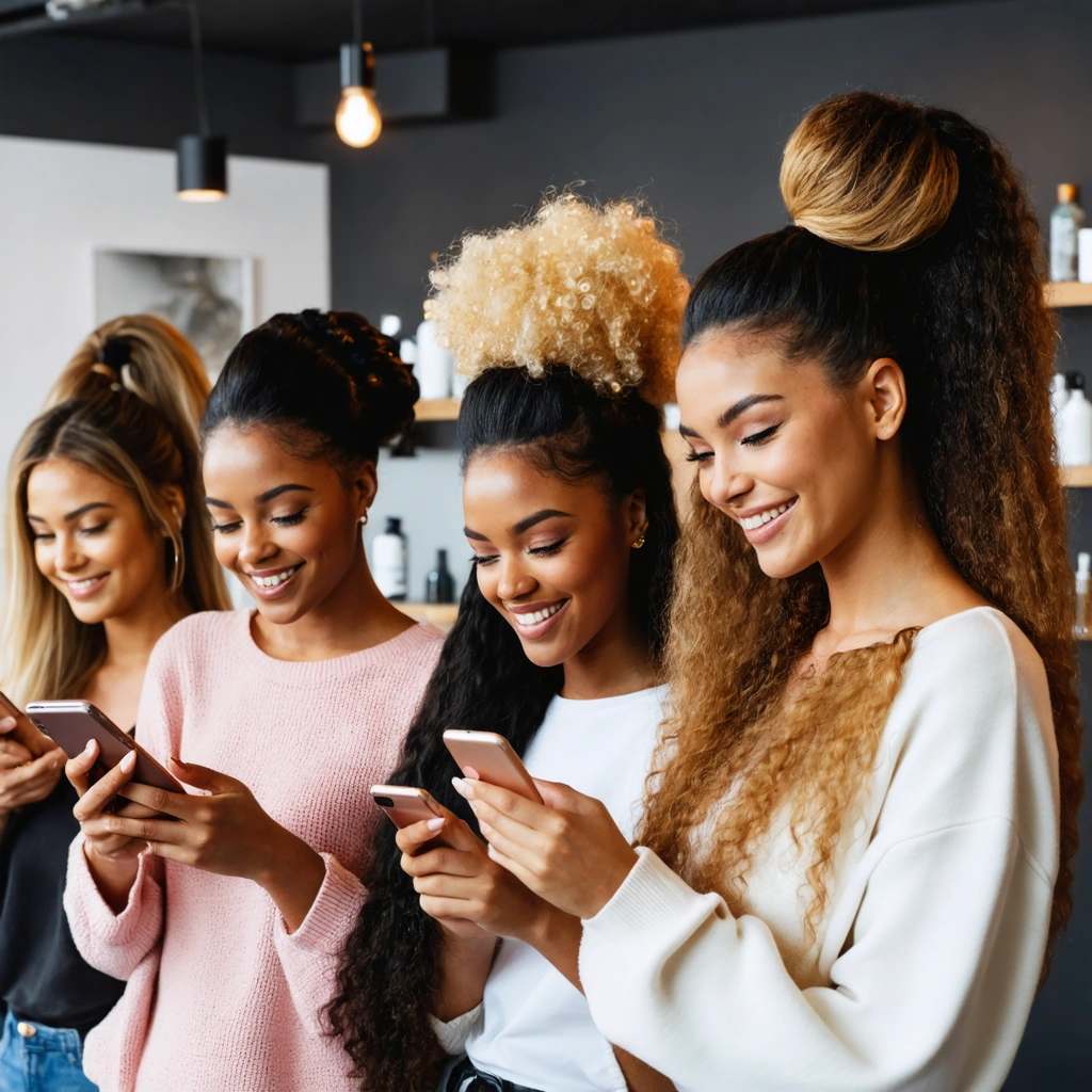 Un groupe de personnes utilisant une application de coiffure dans un salon