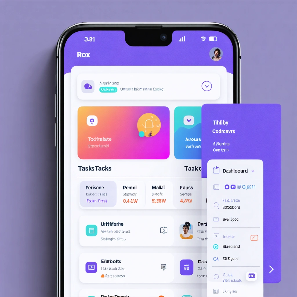 Interface de l'application Rox sur un smartphone, montrant un tableau de bord coloré et organisé avec tâches et calendriers.