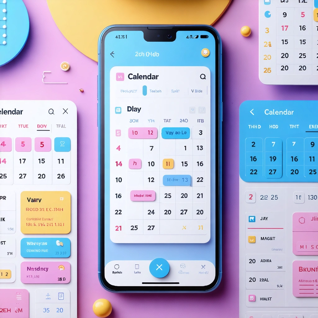 Interface de l'application Kalendes sur un smartphone illustrant plusieurs calendriers et rappels colorés.