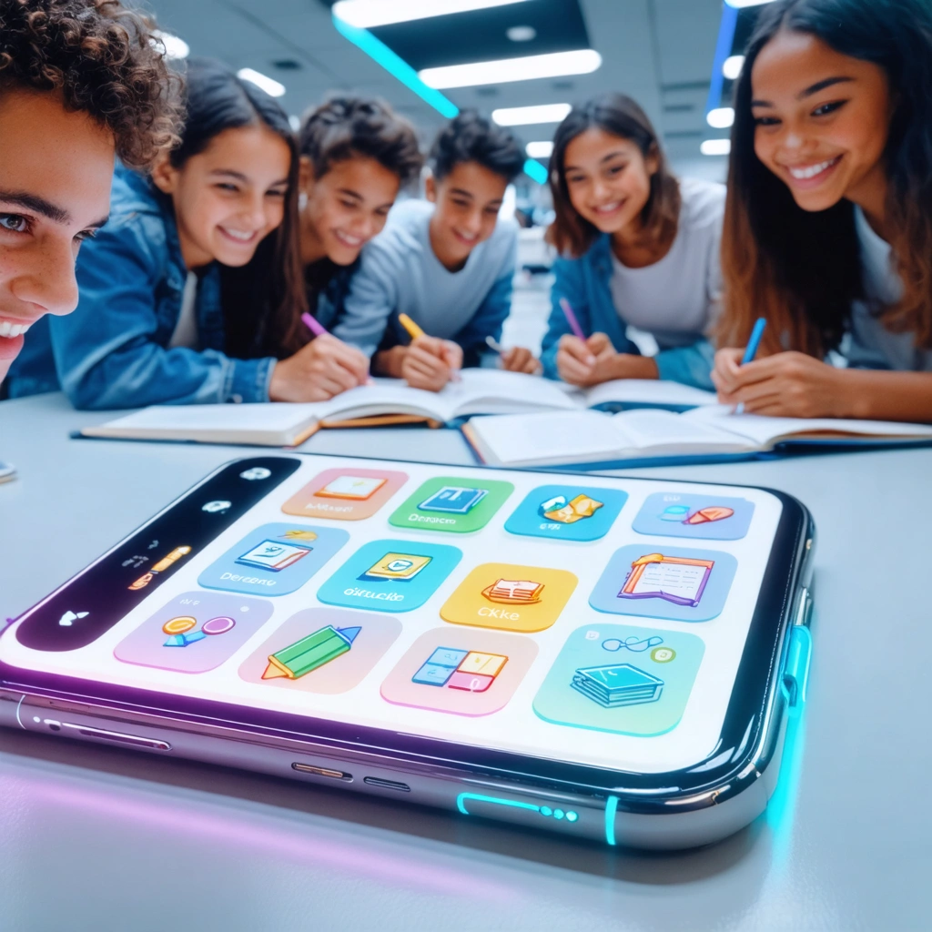 Interface futuriste d'une application éducative sur smartphone
