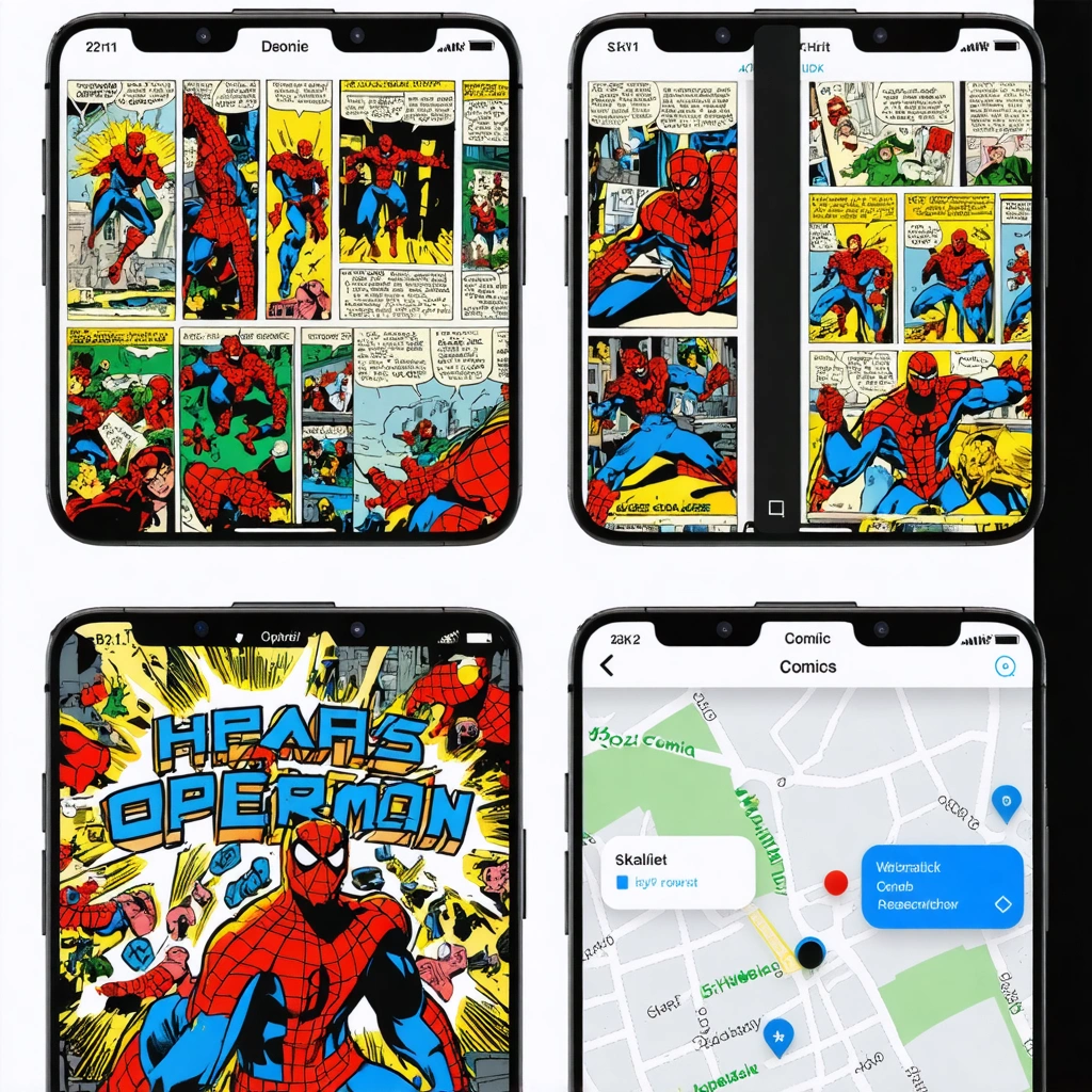 Interface de l'application Pentacomix affichant des bandes dessinées colorées sur un smartphone.