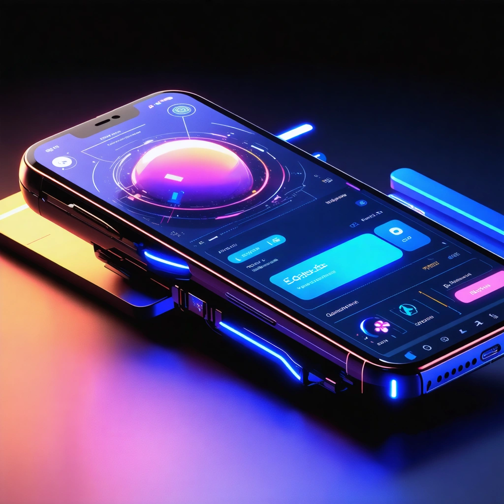 Interface futuriste d'un smartphone avec des éléments de réalité augmentée