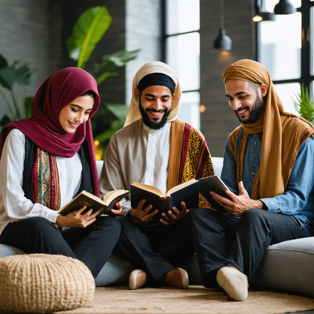 Groupe de personnes lisant le Coran sur un appareil numérique dans un cadre moderne et chaleureux