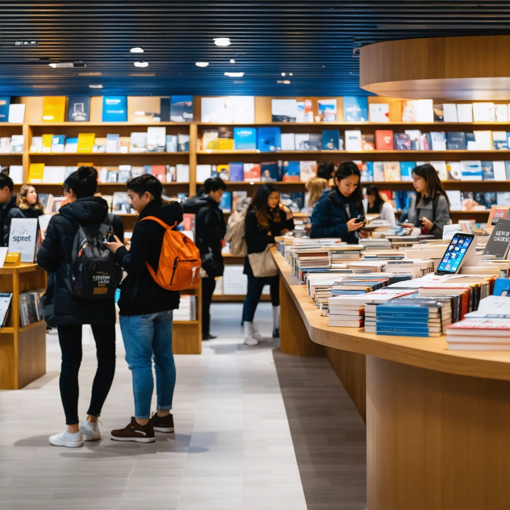Des personnes utilisant une application d'échange de livres dans une librairie moderne