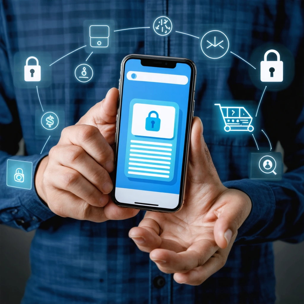 Une personne utilisant l'application Luxtrust Mobile sur son smartphone, entourée de symboles représentant la sécurité et les transactions numériques.