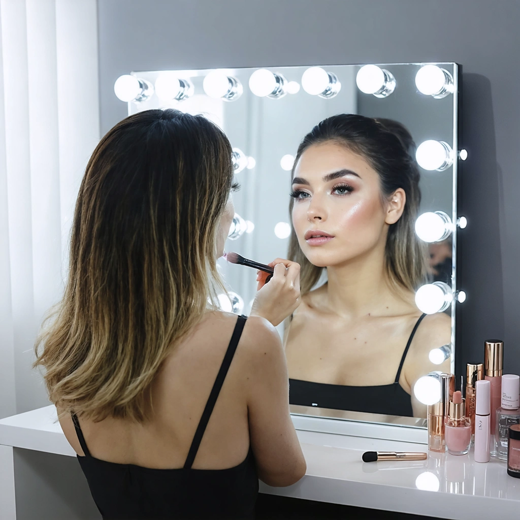 Femme se maquillant devant un miroir LED moderne avec des produits de beauté autour