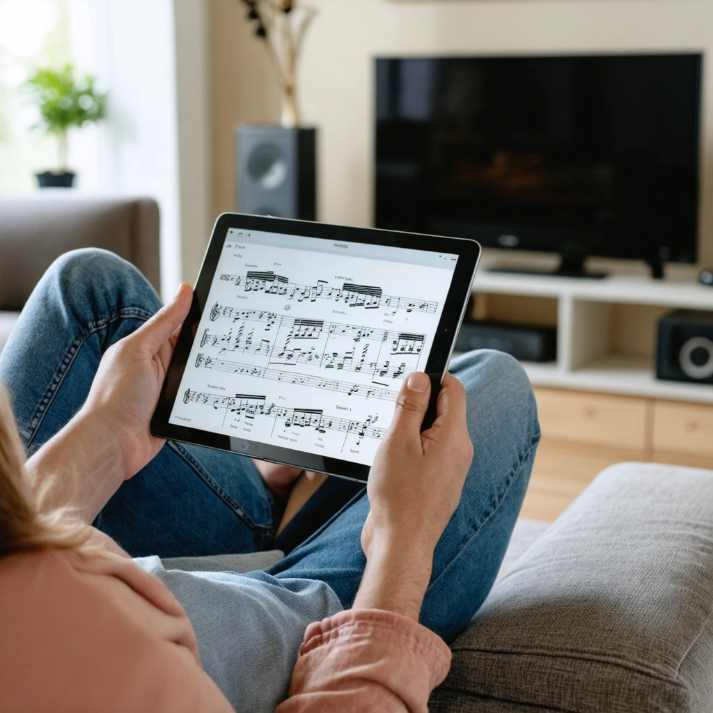 Un musicien utilisant l'application Guitar Pro sur une tablette, entouré de notes de musique