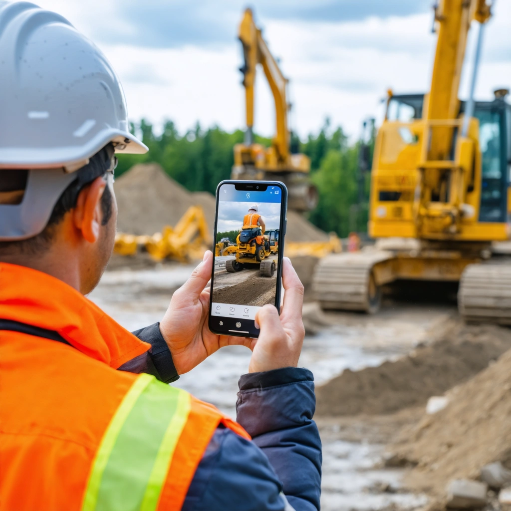 Ouvrier sur un chantier prenant une photo avec un smartphone pour une carte BTP