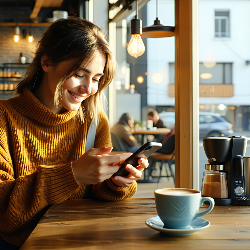 Une personne textant dans un café, exprimant de la gratitude avec un sourire chaleureux.