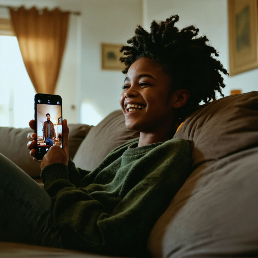 Une personne regardant un film sur son smartphone avec une expression de joie.