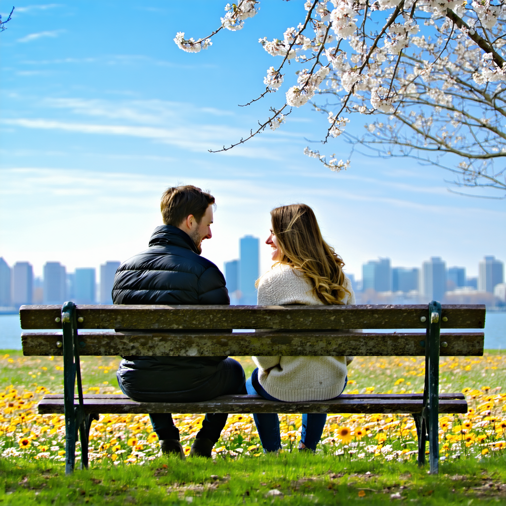 Un couple réconcilié assis sur un banc de parc, souriant l'un à l'autre avec des fleurs autour.