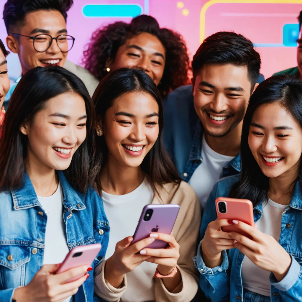 Un groupe diversifié de personnes souriant et utilisant une application de rencontre sur leurs smartphones.