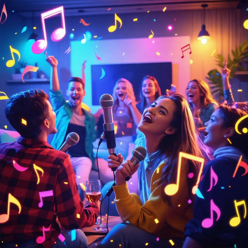 Une soirée karaoké animée à domicile avec des personnes chantant et des notes de musique colorées.