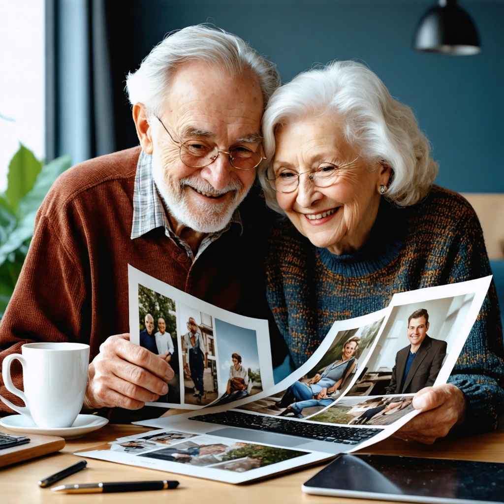 Un couple âgé souriant en regardant d'anciennes photos de famille.